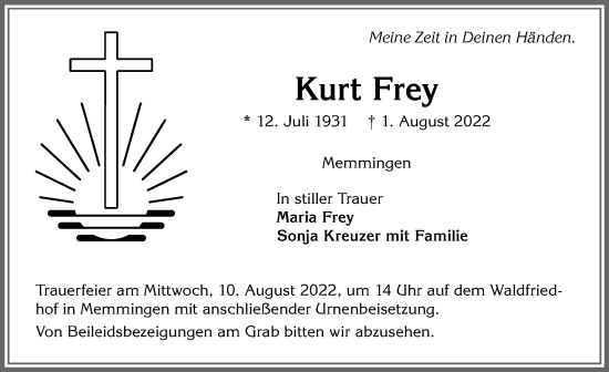 Traueranzeige von Kurt Frey von Memminger Zeitung