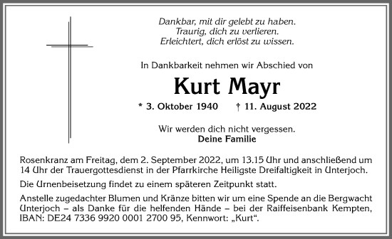 Traueranzeige von Kurt Mayr von Allgäuer Zeitung,Kempten