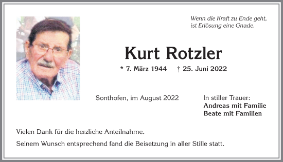 Traueranzeige von Kurt Rotzler von Allgäuer Anzeigeblatt