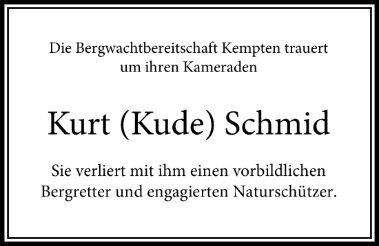 Traueranzeige von Kurt Schmid von Allgäuer Zeitung,Kempten