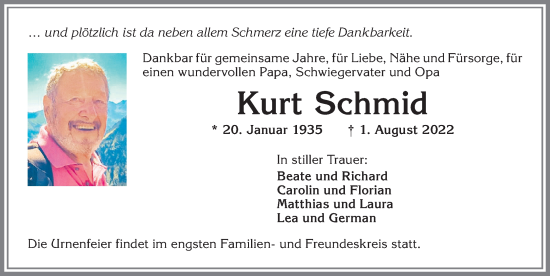 Traueranzeige von Kurt Schmid von Allgäuer Zeitung,Kempten