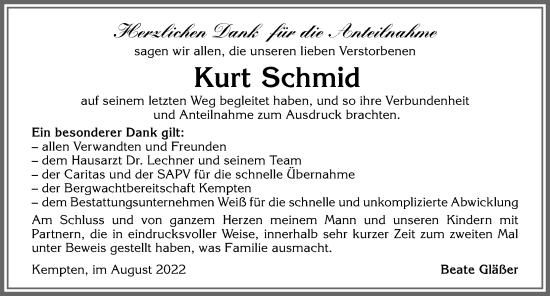 Traueranzeige von Kurt Schmid von Allgäuer Zeitung,Kempten