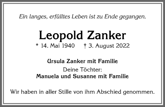 Traueranzeige von Leopold Zanker von Allgäuer Zeitung,Kempten