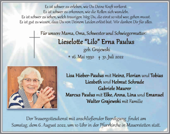Traueranzeige von Lieselotte Erna Paulus von Allgäuer Zeitung, Kaufbeuren/Buchloe