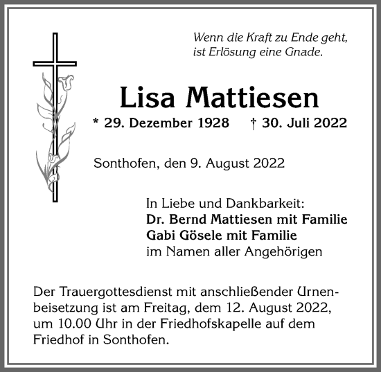 Traueranzeige von Lisa Mattiesen von Allgäuer Anzeigeblatt