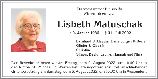 Traueranzeige von Lisbeth Matuschak von Allgäuer Zeitung, Kaufbeuren/Buchloe