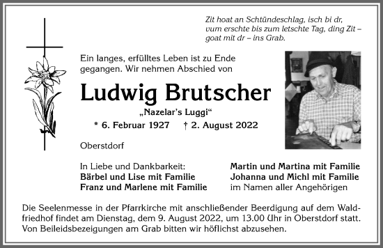 Traueranzeige von Ludwig Brutscher von Allgäuer Anzeigeblatt