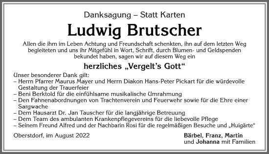 Traueranzeige von Ludwig Brutscher von Allgäuer Anzeigeblatt