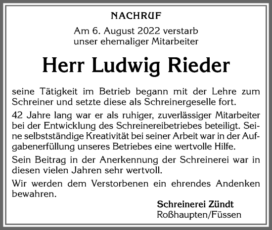 Traueranzeige von Ludwig Rieder von Allgäuer Zeitung, Füssen