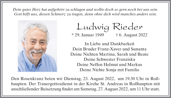 Traueranzeige von Ludwig Rieder von Allgäuer Zeitung, Füssen