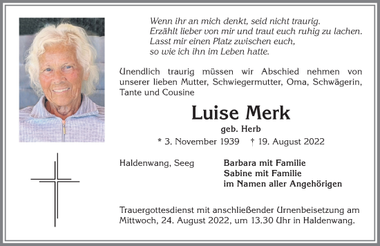Traueranzeige von Luise Merk von Allgäuer Zeitung,Kempten
