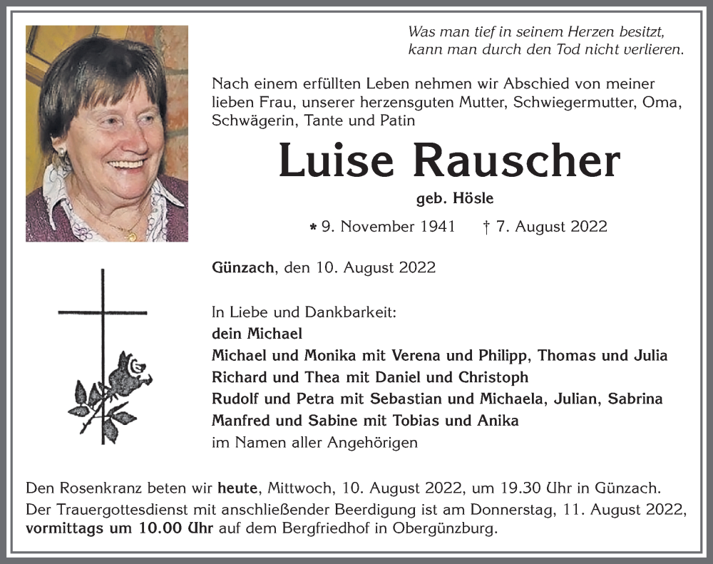  Traueranzeige für Luise Rauscher vom 10.08.2022 aus Allgäuer Zeitung, Marktoberdorf