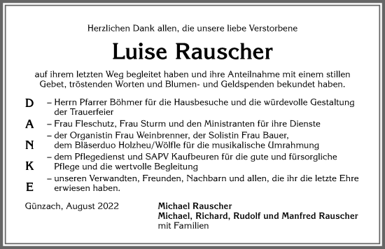 Traueranzeige von Luise Rauscher von Allgäuer Zeitung, Marktoberdorf