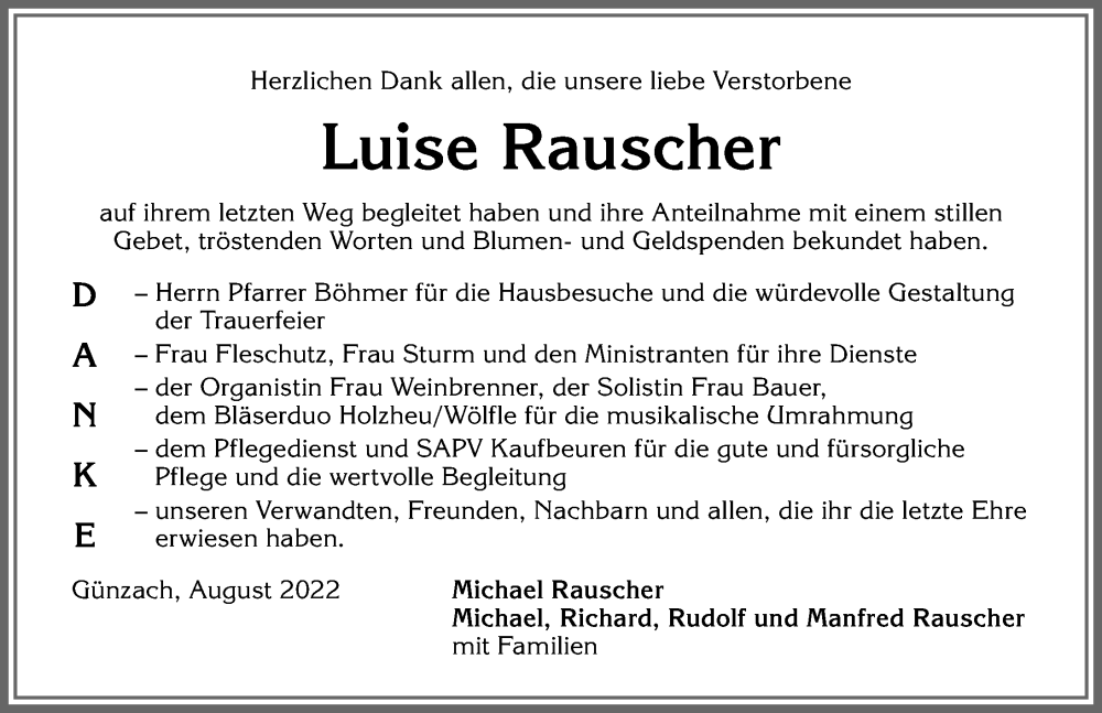  Traueranzeige für Luise Rauscher vom 31.08.2022 aus Allgäuer Zeitung, Marktoberdorf