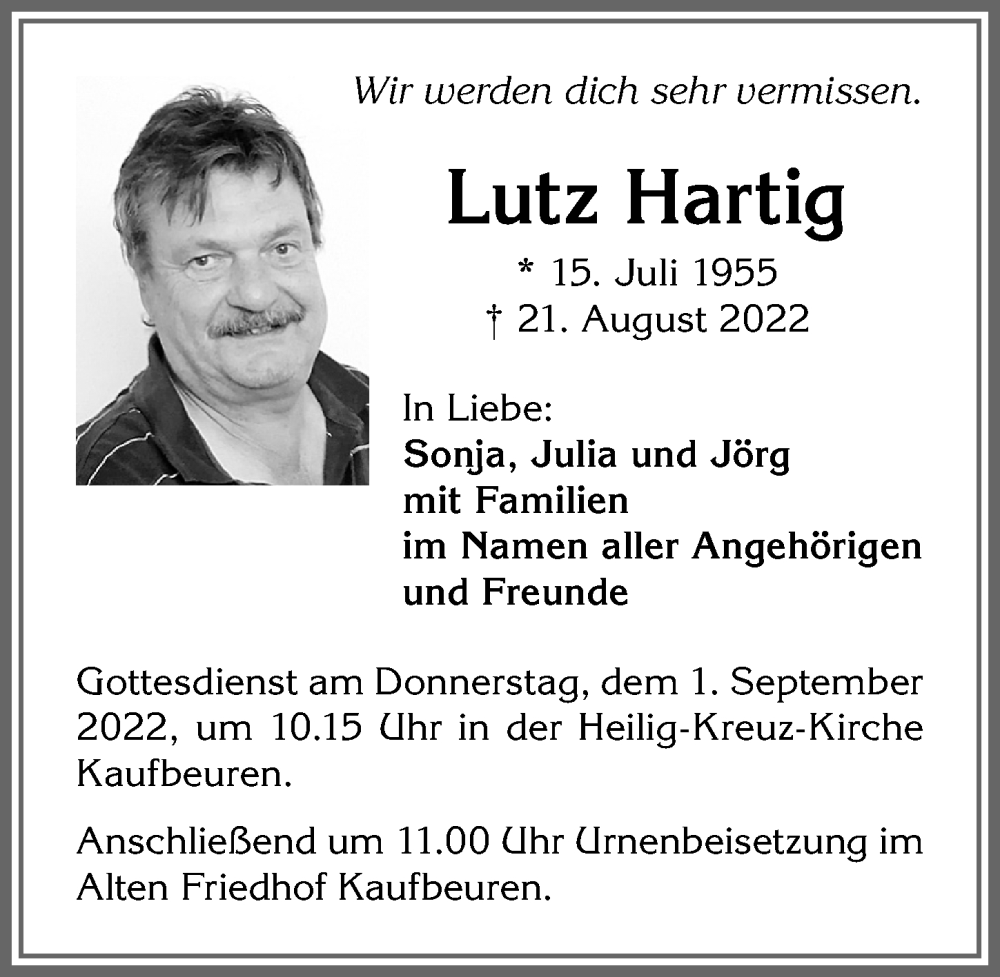  Traueranzeige für Lutz Hartig vom 27.08.2022 aus Allgäuer Zeitung, Kaufbeuren/Buchloe