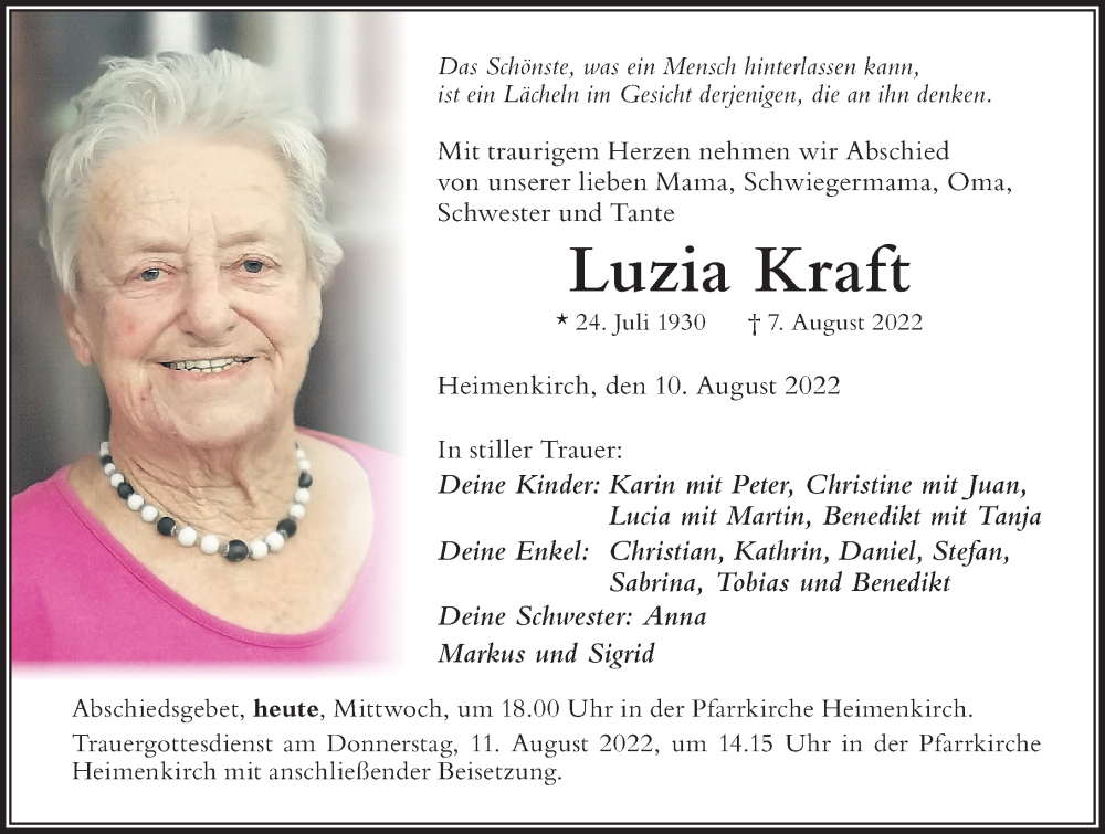  Traueranzeige für Luzia Kraft vom 10.08.2022 aus Der Westallgäuer