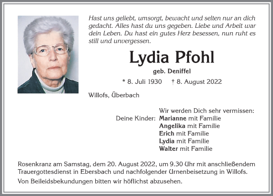 Traueranzeige von Lydia Pfohl von Allgäuer Zeitung, Marktoberdorf