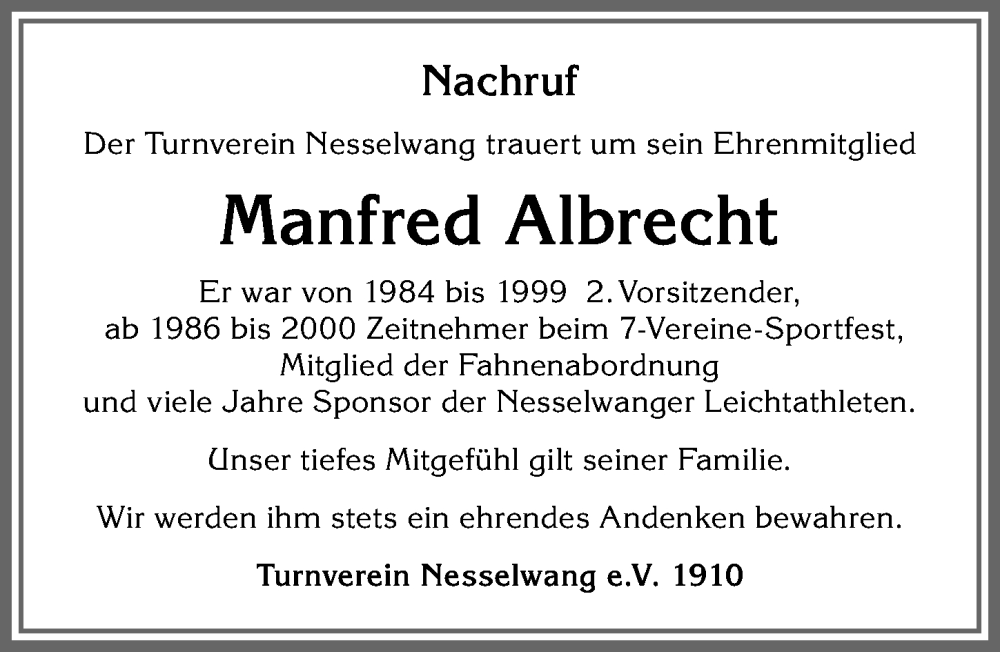  Traueranzeige für Manfred Albrecht vom 09.08.2022 aus Allgäuer Zeitung, Füssen