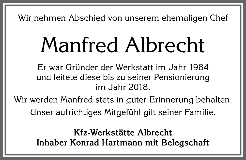  Traueranzeige für Manfred Albrecht vom 06.08.2022 aus Allgäuer Zeitung,Kempten