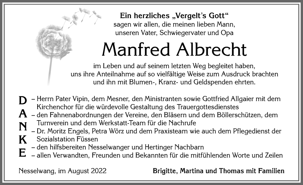  Traueranzeige für Manfred Albrecht vom 27.08.2022 aus Allgäuer Zeitung, Füssen