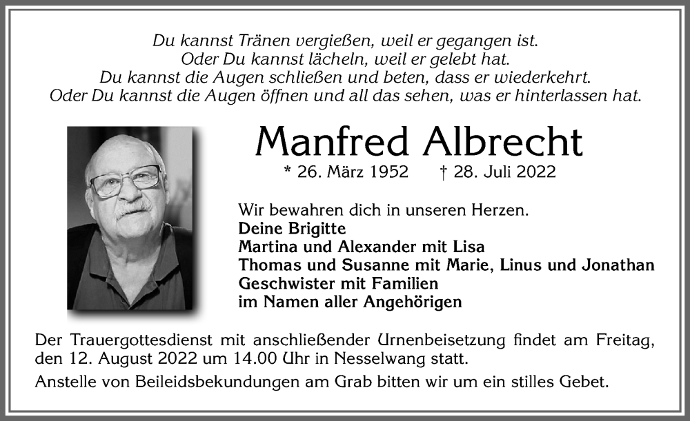  Traueranzeige für Manfred Albrecht vom 06.08.2022 aus Allgäuer Zeitung,Kempten