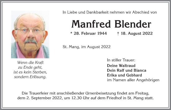 Traueranzeige von Manfred Blender von Allgäuer Zeitung,Kempten