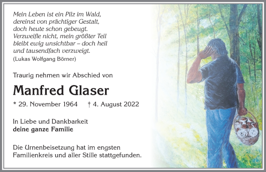 Traueranzeige von Manfred Glaser von Allgäuer Zeitung, Kaufbeuren/Buchloe