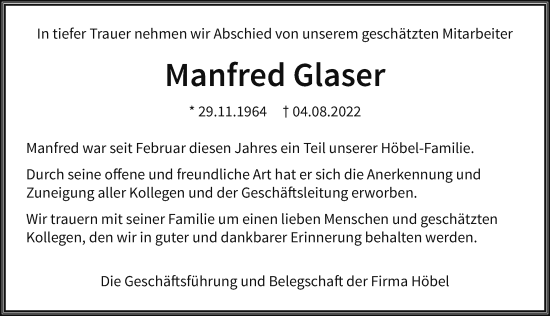 Traueranzeige von Manfred Glaser von Allgäuer Zeitung, Kaufbeuren/Buchloe