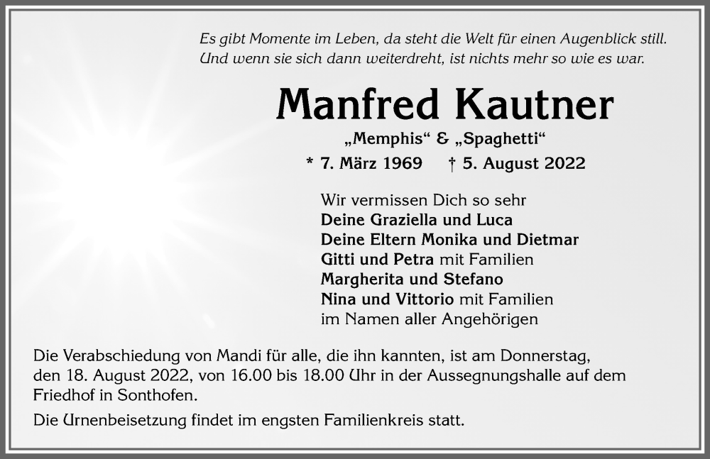  Traueranzeige für Manfred Kautner vom 13.08.2022 aus Allgäuer Anzeigeblatt