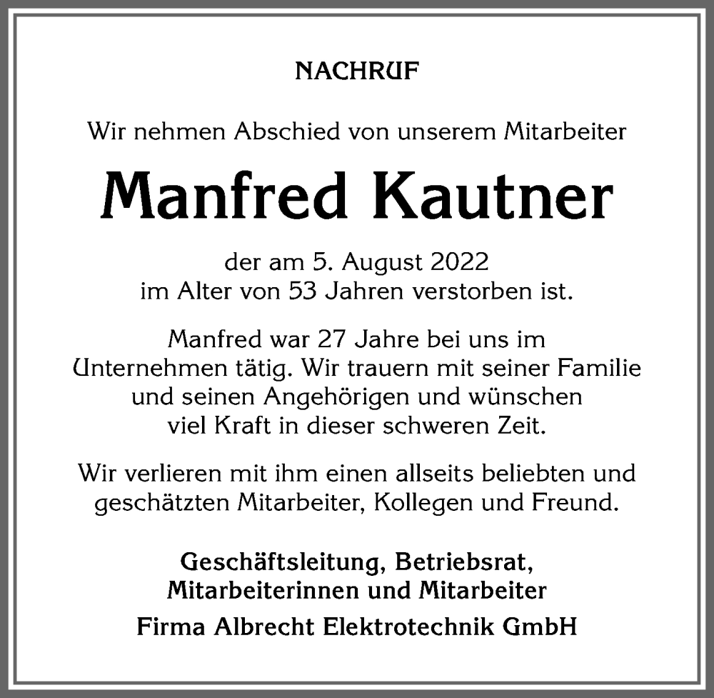  Traueranzeige für Manfred Kautner vom 16.08.2022 aus Allgäuer Anzeigeblatt