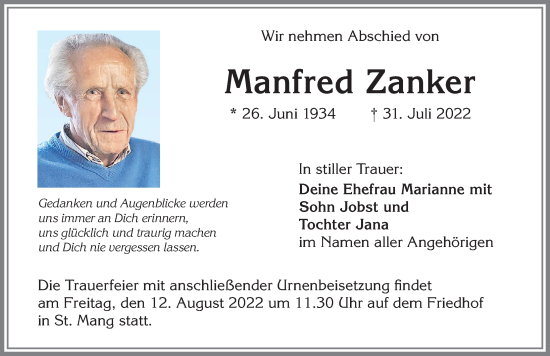 Traueranzeige von Manfred Zanker von Allgäuer Zeitung,Kempten
