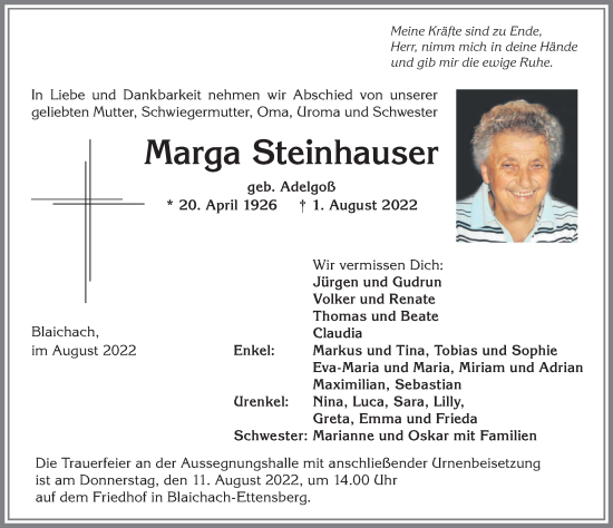 Traueranzeige von Marga Steinhauser von Allgäuer Anzeigeblatt