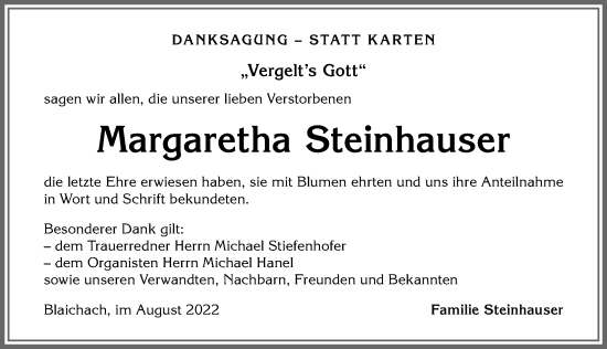 Traueranzeige von Margaretha Steinhauser von Allgäuer Anzeigeblatt