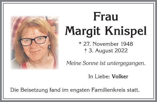 Traueranzeige von Margit Knispel von Allgäuer Zeitung, Kaufbeuren/Buchloe