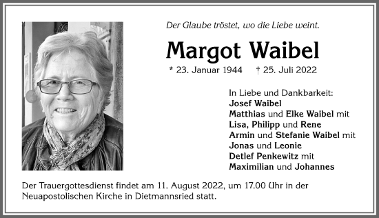 Traueranzeige von Margot Waibel von Allgäuer Zeitung,Kempten