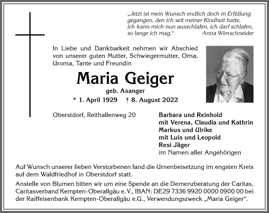 Traueranzeige von Maria Geiger von Allgäuer Anzeigeblatt