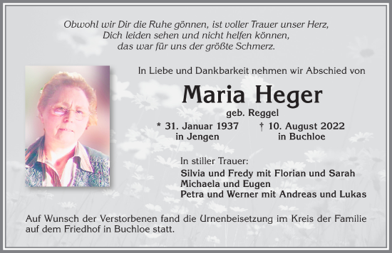 Traueranzeige von Maria Heger von Allgäuer Zeitung, Kaufbeuren/Buchloe