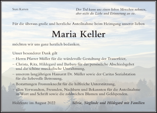 Traueranzeige von Maria Keller von Der Westallgäuer