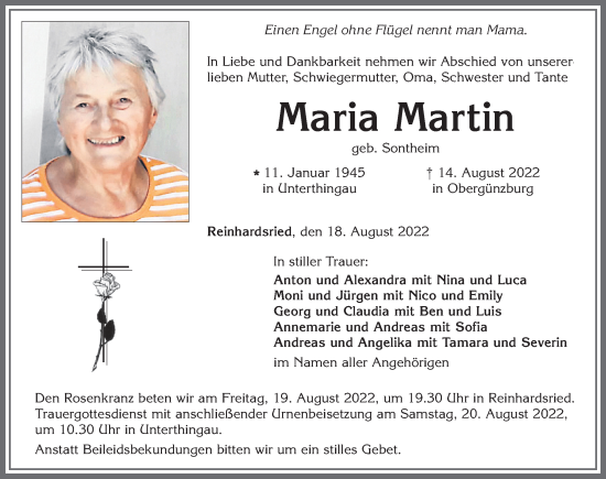 Traueranzeige von Maria Martin von Allgäuer Zeitung, Marktoberdorf