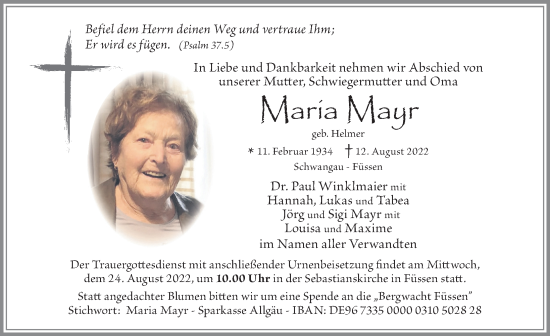 Traueranzeige von Maria Mayr von Allgäuer Zeitung, Füssen