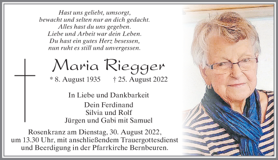 Traueranzeige von Maria Riegger von Allgäuer Zeitung, Marktoberdorf