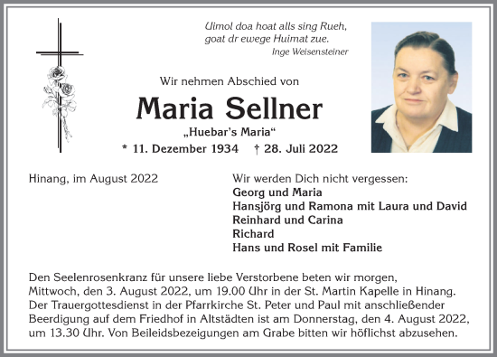 Traueranzeige von Maria Sellner von Allgäuer Anzeigeblatt