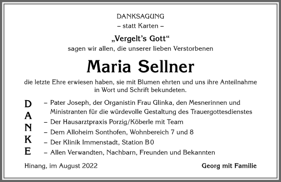 Traueranzeige von Maria Sellner von Allgäuer Anzeigeblatt