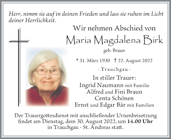 Traueranzeige von Maria Magdalena Birk von Allgäuer Zeitung, Füssen