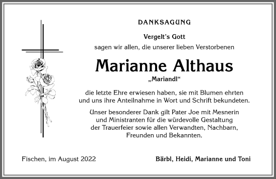 Traueranzeige von Marianne Althaus von Allgäuer Anzeigeblatt