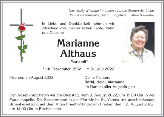 Traueranzeige von Marianne Althaus von Allgäuer Anzeigeblatt