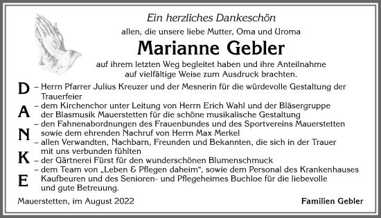 Traueranzeige von Marianne Gebler von Allgäuer Zeitung, Kaufbeuren/Buchloe