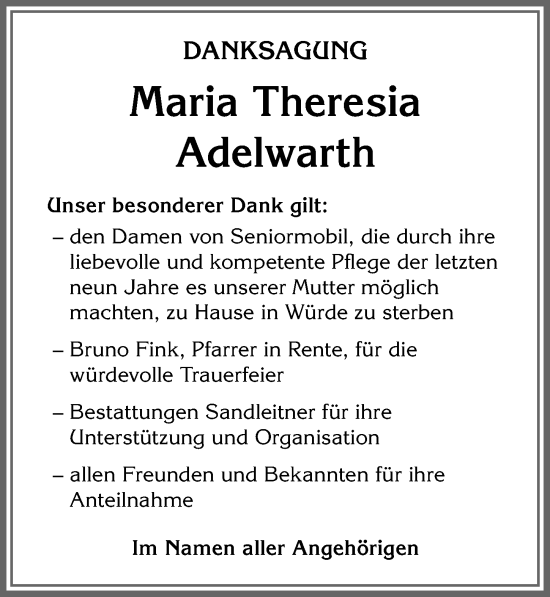Traueranzeige von Maria Theresia Adelwarth von Memminger Zeitung