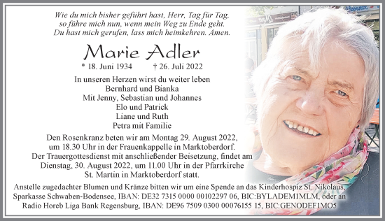 Traueranzeige von Marie Adler von Allgäuer Zeitung, Marktoberdorf