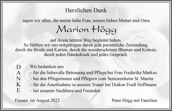 Traueranzeige von Marion Högg von Allgäuer Zeitung, Füssen
